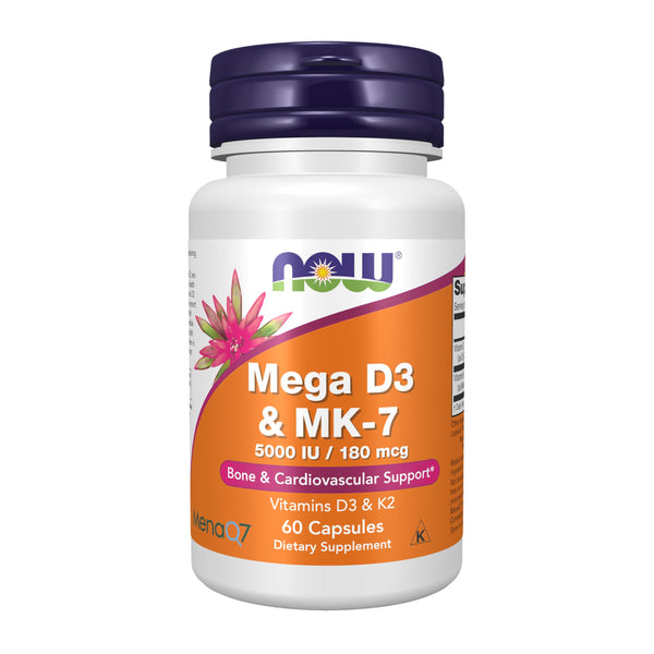 NOW Foods Supplements, Mega D-3 & MK-7 with Vitamins D-3 & K-2, 5,000 IU/180 Mcg, Bone & Cardiovascular Support*, 60 Veg Capsules