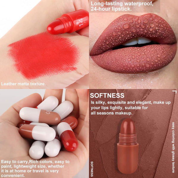 Evpct 18Pcs Capsule Pills Lipstick Mini Matte Lipstick Set for Women Long Lasting Labiales Mate 24 Horas Originales Deep Red 24 Hour Waterproof
