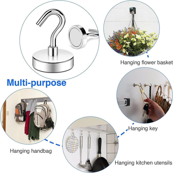 DIYMAG Magnetic Hooks Heavy Duty, 80 LBS Neodymium Magnet Hooks for Home, Kitchen, Workplace, Office, Garage and Indoor Hanging, Silver, Pack of 12