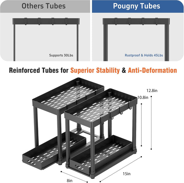 2PC under Sink Organizer Rack 2 Tier under Sliding Cabinet Basket Organizer Drawer with 4 Hooks, Multi-Purpose under Sink Storage for Bathroom
