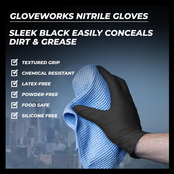 GLOVEWORKS Black Disposable Nitrile Industrial Gloves, 5 Mil, Latex & Powder-Free, Food-Safe, Textured