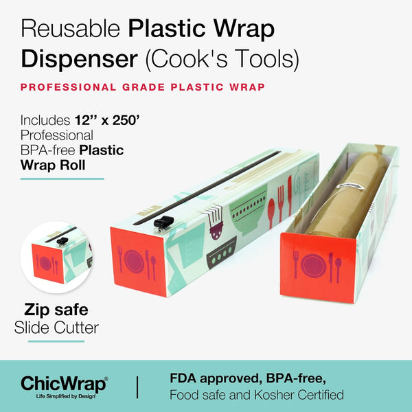 Chicwrap Marble Refillable Plastic Wrap Dispenser - Includes 12" X 250' Roll Professional Grade Disposable Plastic Wrap - Reusable Dispenser