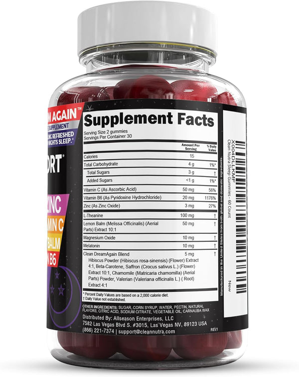 Clean Nutra Melatonin Gummies 10Mg | Sleep Aid Valerian Root L-Theanine Vitamin B6 C Lemon Balm Magnesium Hibiscus Beta Carotene Saffron &