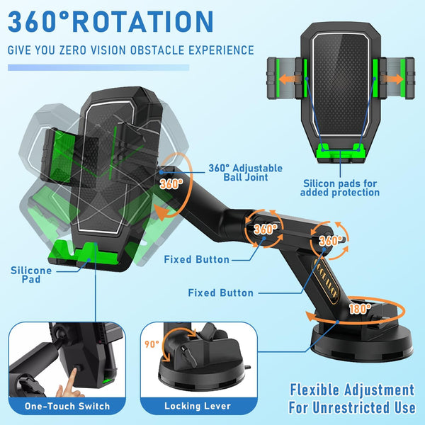 Heavy Duty Phone Holder - Long Arm, Anti-Shake Suction Cup, Compatible with All Phones & Vehicles