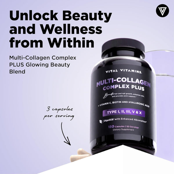 Vital Vitamins Multi Collagen Complex plus - with Biotin, Hyaluronic Acid, Vitamin C - Type I, II, III, V, X - for Women & Men - Hair, Skin, Nails