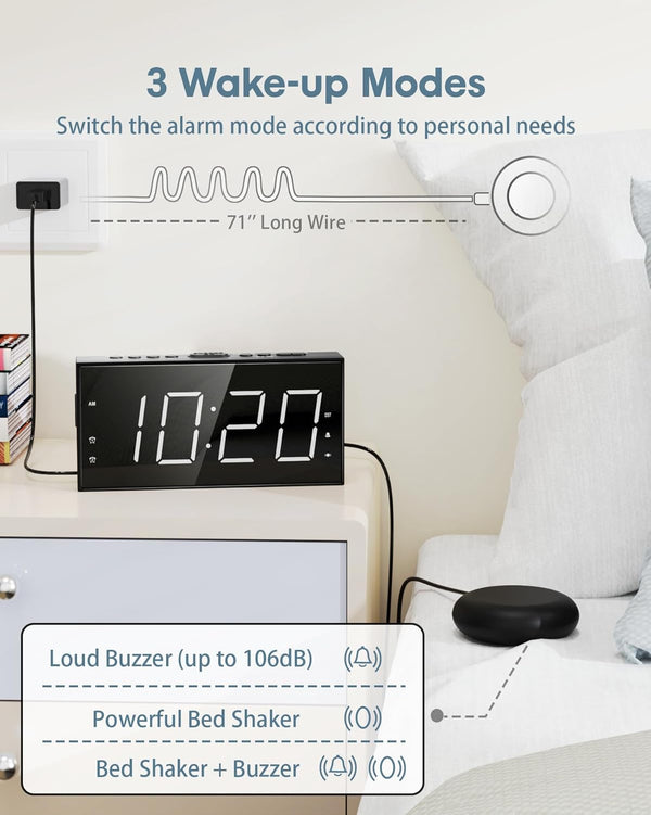 Loud Alarm Clock with Bed Shaker for Heavy Sleeper, Dual Vibrating Alarm Clock with USB Charger for Hearing-Impaired Deaf, 7.5ââ Large LED Display