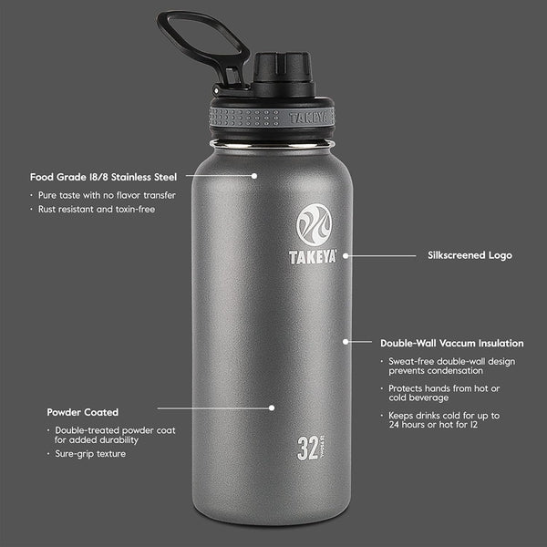 Takeya Originals Vacuum Insulated Stainless Steel Water Bottle, 18 Ounce, Black.