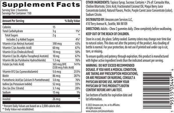 Amazon Basics Adult Multivitamin Gummies, Mixed Berry & Cherry, 150 Gummies, 75-Day Supply, Pack of 2 (Previously Solimo)