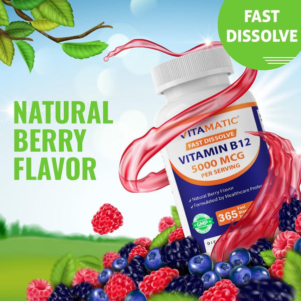Vitamatic Vitamin B12 5000 Mcg â 365 Fast Dissolve Tablets Berry Flavor â Supports Energy Production & Nervous System Health â Non-Gmo,