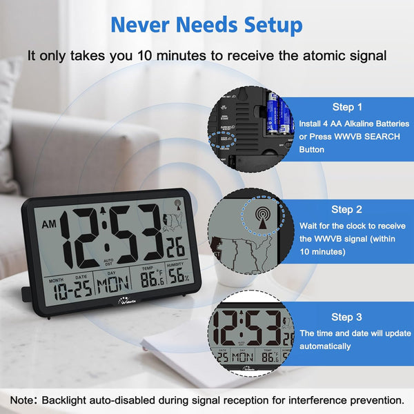 Wallarge Atomic Clock with Indoor Outdoor Temperature, Self-Setting Digital Wall Clock Battery Operated, 4 Time Zones, DST