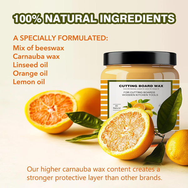 Premium Cutting Board Finish Wax - Natural Beeswax and Carnauba Wax - Enriched with Lemon & Orange Oils - for Wood Butcher Blocks, Wooden Bowls,