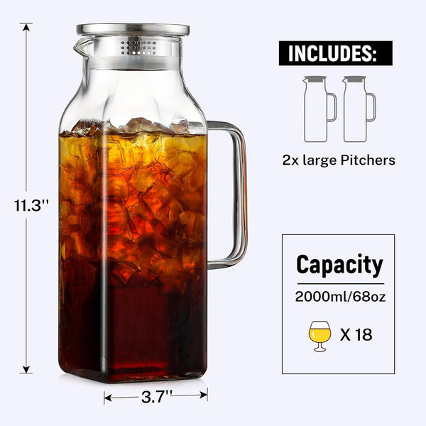 Netany 2 Pack 2 Liters/68 Oz Square Glass Pitcher with Lid and Handle for Fridge, Iced Tea and Coffee Carafe Beverage Serveware, Heat Resistant