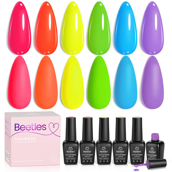 Beetles Neon Gel Nail Polish Set, Summer Gel Polish Kit 6 Colors Hot Pink Orange Yellow Green Blue Purple Soak off UV Nail Lamp Design Manicure