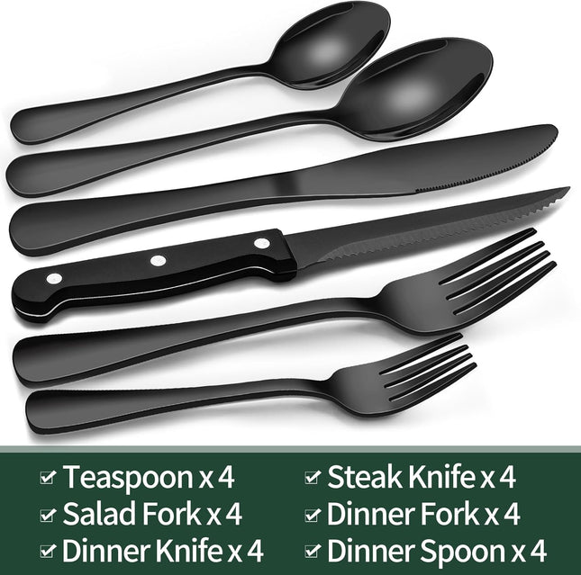 24-Piece Black Silverware Set with Steak Knives, Black Flatware Set for 4, Food-Grade Stainless Steel Tableware Cutlery 
