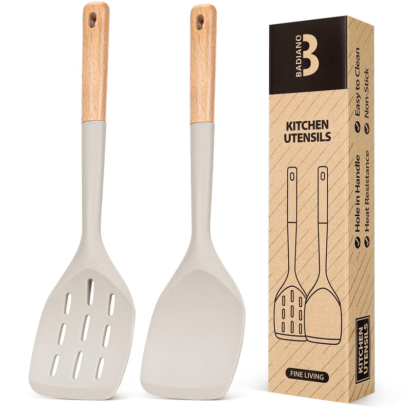 Pack of 2 Silicone Spatula, Non Stick Cooking Utensil Set Wooden Handle Kitchen Turner for Baking Mixing Grilling Serving Food Heat Resistant Non