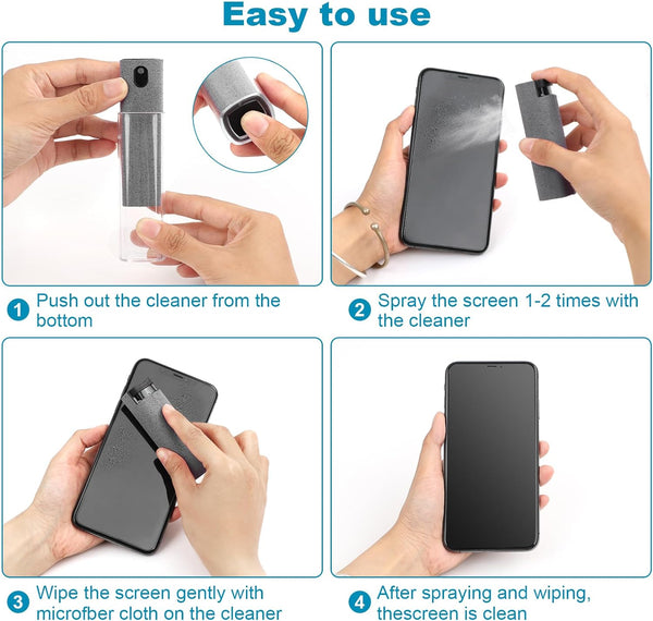 4 Pack Screen Cleaner 3-In-1 Touchscreen Mist Cleaner Spray and Microfiber Cloth Built-In Cleaning Solution Portable Reusable Fingerprint-Proof