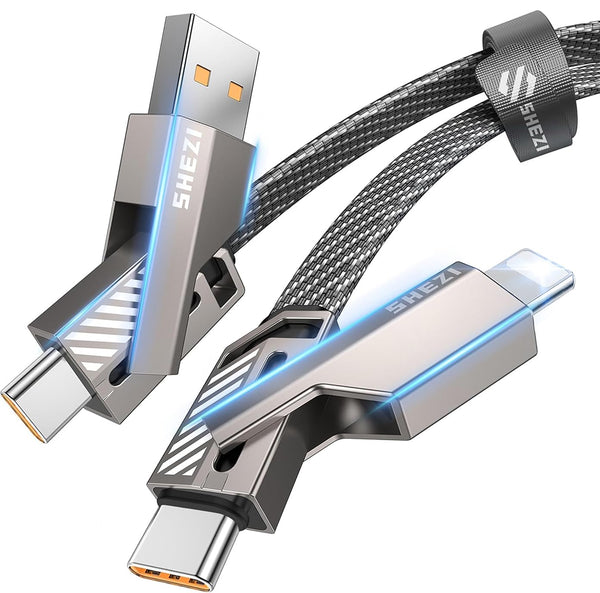 [Upgraded 2.0] SHEZI 4-In-1 USB C Cable 60W 5FT Lightning Cable MFI Certified [Fast Charging & Data Sync] Flat Braided Multi Charger Cord Combo