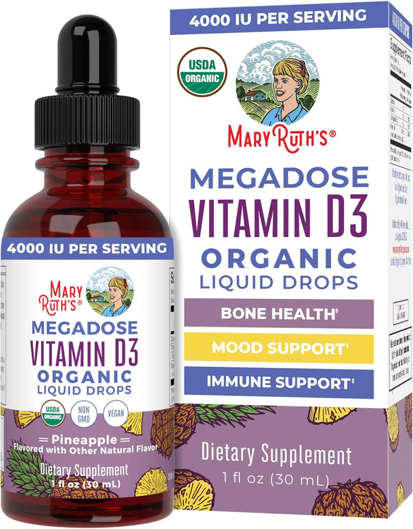 Maryruth Organics Vitamin D3 Liquid Drops | Megadose 4000 IU | USDA Organic Liquid Vitamin D Spray for Adults & Kids | Immune Support & Bone