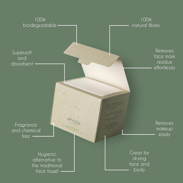 Whistle Wellness™ Disposable Face Towel 10"×12", Resealable Box, Biobased Plant Based Ultra Soft, Thickness Face Towelettes XL, Makeup Remover Dry