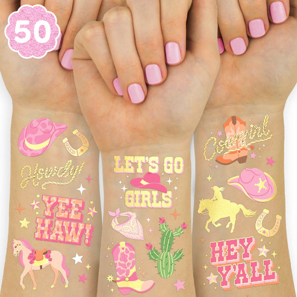 Xo, Fetti Cowgirl Temporary Tattoos - 50 Gold Foil Styles | Birthday Party Decorations, Giddy up Cowgirl Accessory, Rodeo Western Theme Favor,