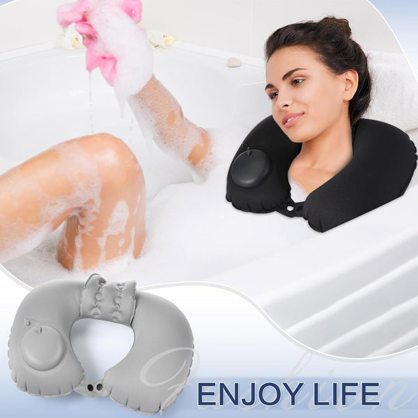 2 Pcs Inflatable Bath Pillows for Tub Bath Head and Neck U Shaped Blow up Full Body Travel Pillow with Adjustable Button Grey and Black Bath Tub