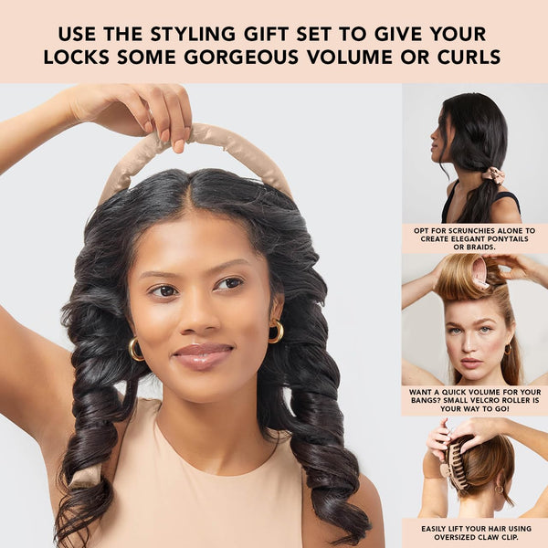 Kitsch Satin Heatless Hair Curler Styling 5Pc Gift Set - Satin Heatless Hair Curler W/ 2 Scrunchies, Ceramic Thermal Roller & Claw Clip, Gifts for