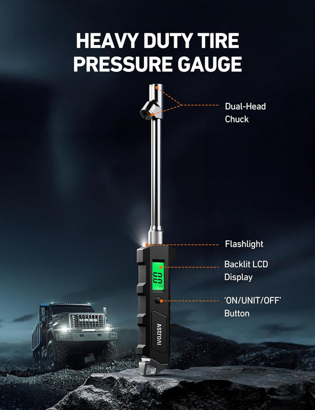 Astroai Digital Tire Pressure Gauge 230 PSI Heavy Duty Dual Head Stainless Steel Made for Truck and RV with Backlit LCD 