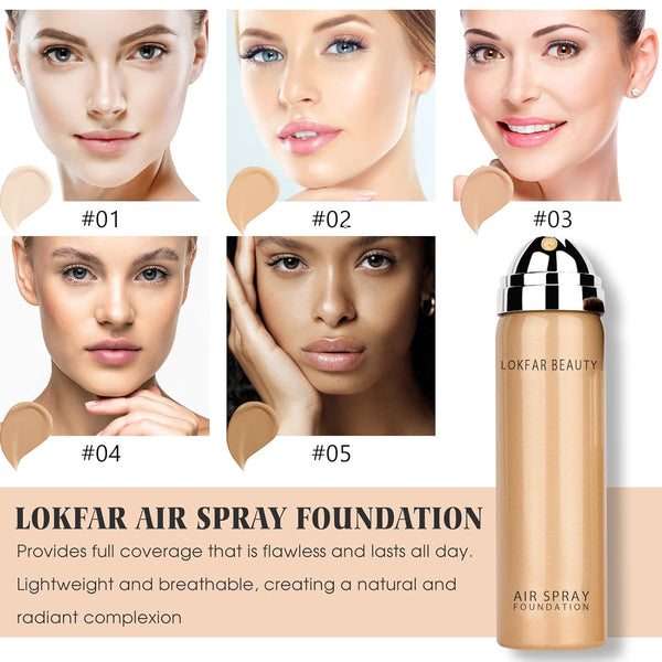 Airbrush Foundation Spray, Silky Mist Spray Makeup Kit with Brush, Full Coverage Foundation for Smooth Radiant Finish, Formula Breathable
