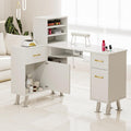 Paddie L-Shaped Manicure Table Nail Station with Shelves, Nail Tech Table Nail Table Station W/Dust Collector, Storage Cabinets, Drawers, Metal