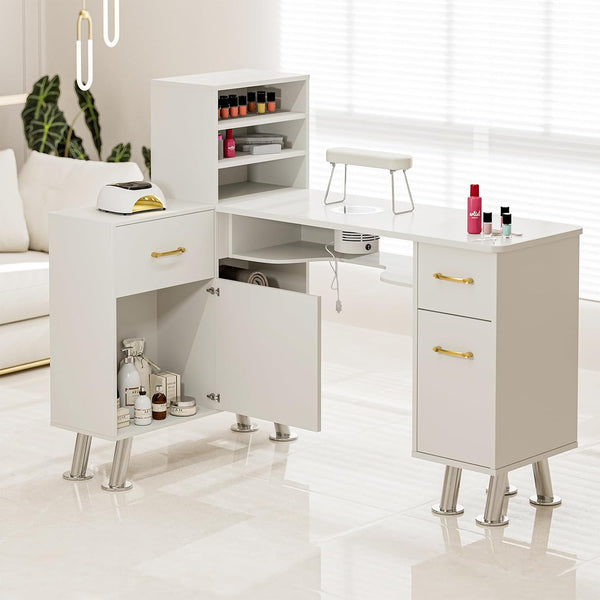 Paddie L-Shaped Manicure Table Nail Station with Shelves, Nail Tech Table Nail Table Station W/Dust Collector, Storage Cabinets, Drawers, Metal