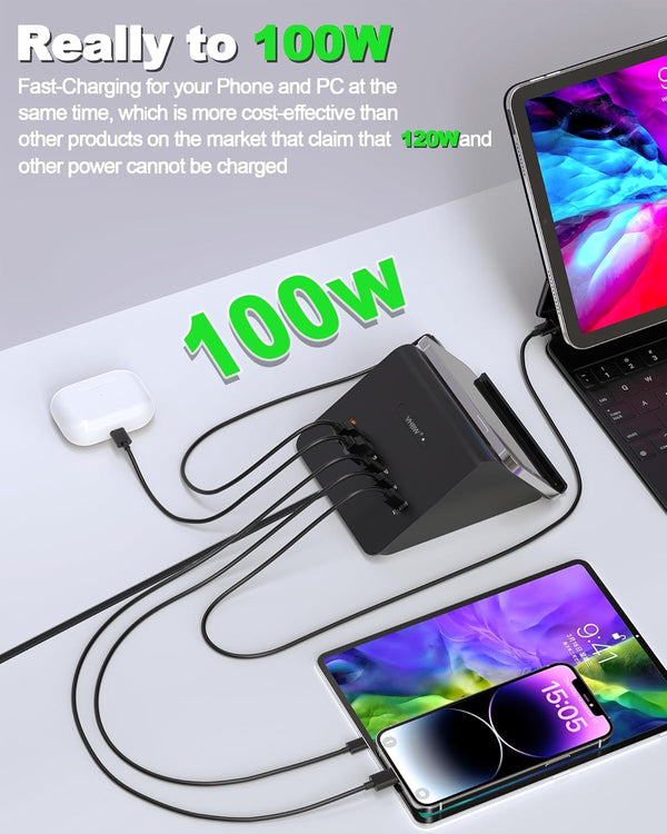 Multi-Device Charging Station, 100W Gan 6-Port USB C Charger Hub with 45W PD Wall Adapter & 15W Wireless Charger. Compatible with Iphone, Ipad,