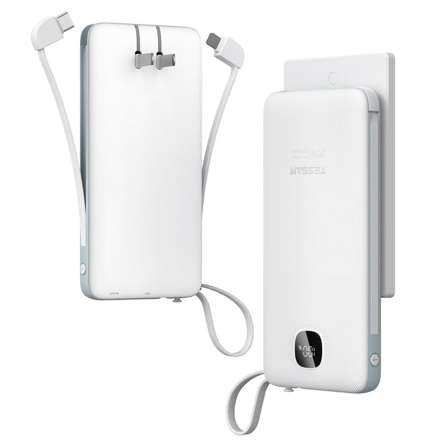 TESSAN Portable Charger with Built in Cables, 10000Mah Power Bank Fast Charging with Foldable Wall Plug Charger, 20W Com