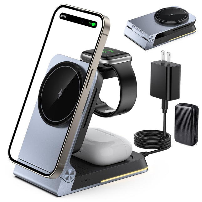 Aluminum 3 in 1 Wireless Charging Station,Foldable Wireless Charger for Apple Magsafe with Light,Portable Travel Magneti