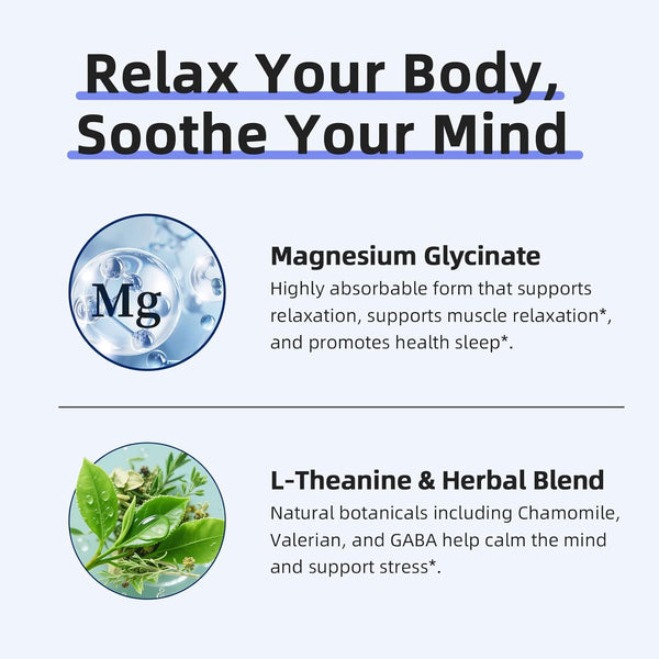 Magnesium Glycinate Supplement with L-Theanine, Chamomile & GABA â Supports Sleep, Calmness, Muscle Relaxation for Men & Women â Vegan,