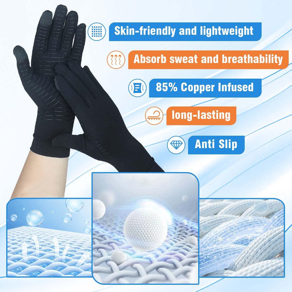 2 Pairs Full Finger Copper Arthritis Gloves with Touchscreen Tip, Compression Gloves for Women Men, Relief for Rheumatoid, Osteoarthritis, Carpal