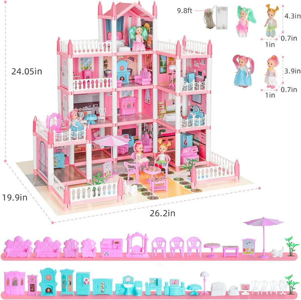 Doll House, Dream Dollhouse for Girls Pretend-Play DIY Dollhouse Kit - 4-Story 11 Rooms Playhouse with 4 Dolls Toy Figures, Furniture and