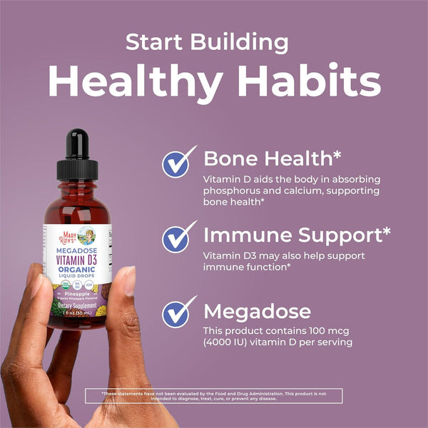 Maryruth Organics Vitamin D3 Liquid Drops | Megadose 4000 IU | USDA Organic Liquid Vitamin D Spray for Adults & Kids | Immune Support & Bone