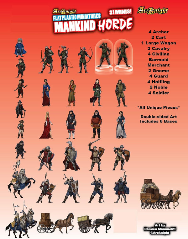 Arcknight Flat Plastic Miniatures: Mankind Horde; 31 Unique Human-Themed Enemy Minis for DND 5E and Pathfinder; Affordable, Skinny Figurines for