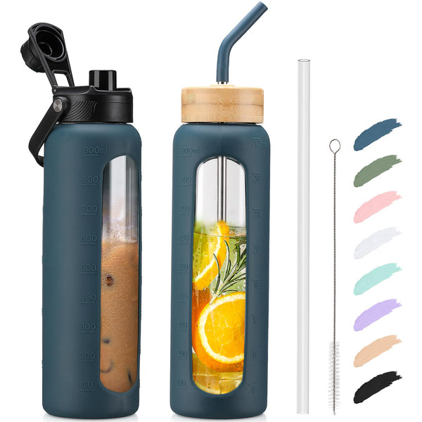 Kodrine Water Bottle with Straw, 24 Oz Glass Water Bottle with 2 Lids Bamboo Straw Lid and Spout Lid with Handle, 32 Oz Clear Water Bottle Glass
