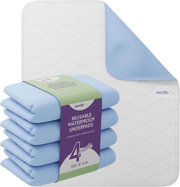Incontinence Bed Pads - 18X24 | Cotton Blend | Washable Bed Pads for Adults, Children, Pets and Seniors Waterproof | Pack of 4, Blue, by Royal Care