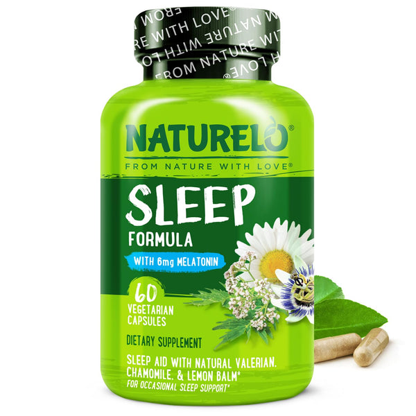 NATURELO Sleep Aid - with Melatonin, Magnesium, GABA, Valerian Root, Lemon Balm, Chamomile Herbal Extracts - Plant-Based Sleeping Aid - 60 Vegan