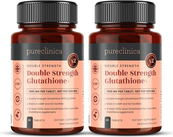 Pureclinica Double Strength Glutathione 500Mg X 60 Tablets - 2 Bottles (120 Tablets). 500Mg Reduced Glutathione, 300Mg Vitamin C, 200Mg Alpha