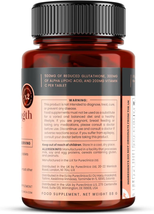 Pureclinica Double Strength Glutathione 500Mg X 60 Tablets - 2 Bottles (120 Tablets). 500Mg Reduced Glutathione, 300Mg Vitamin C, 200Mg Alpha