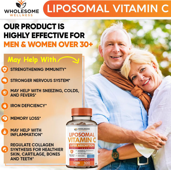 Wholesome Wellness Liposomal Vitamin C Capsules (200 Pills 1500Mg Buffered) High Absorption, Immune System & Collagen Booster, High Dose Fat