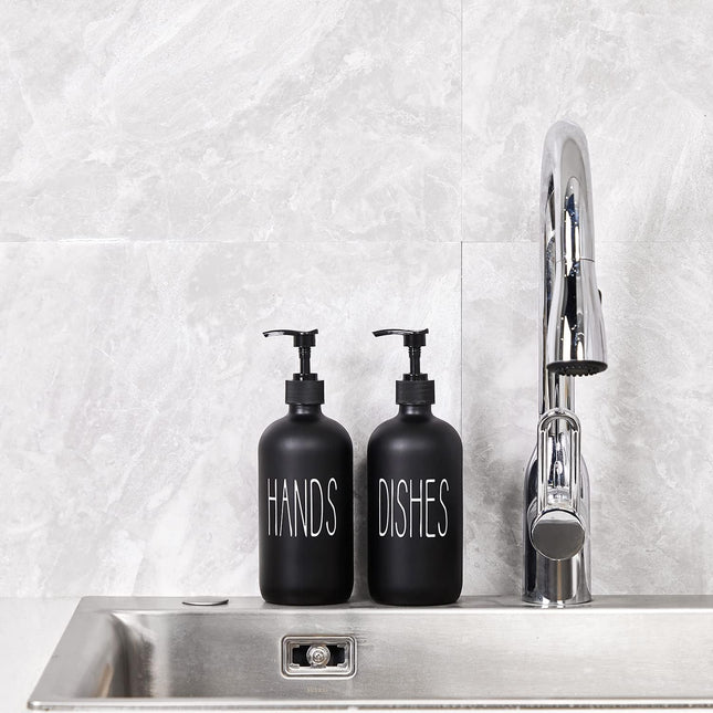 Glass Soap Dispenser Set 2 Pack,Contains Hand and Dish Soap Dispenser.Premium 16 Oz Black Kitchen Soap Dispenser Set for