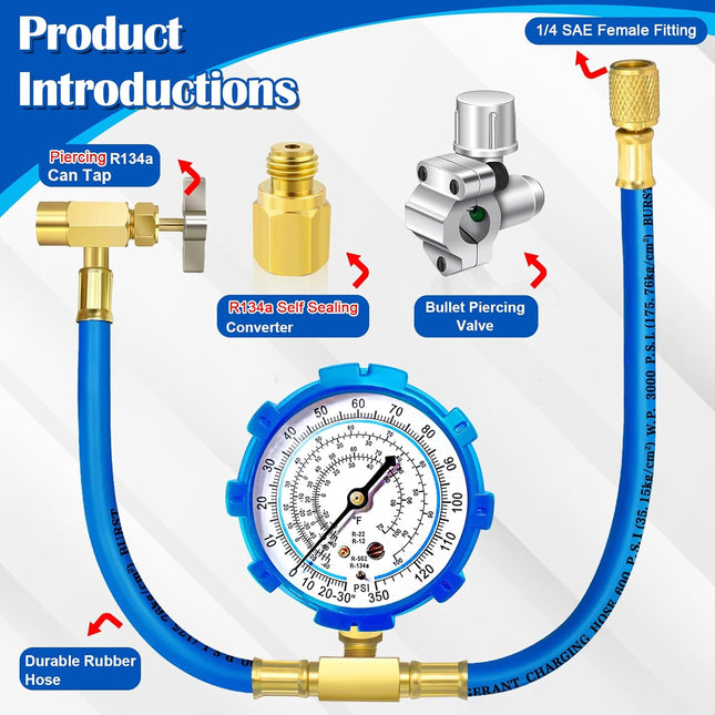 Refrigerator Freon Recharge Hose Kit-R134A R12 R22 Fridge Recharge Tool Kit with 2 BPV31 Bullet Piercing Tap Valves,1 R1