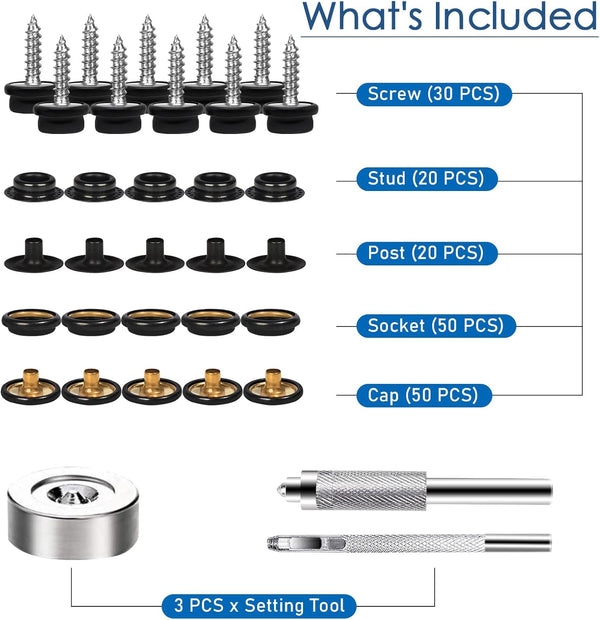 Weiwei 173 PCS Canvas Snap Kit 2 Types Marine Grade 3/8" Socket Boat Snaps Buttons with Setting Tool Stainless Steel Heavy Duty Metal Snaps
