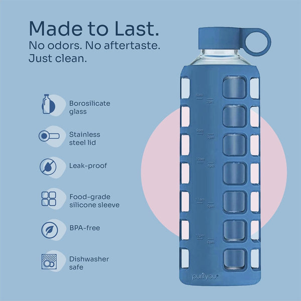 Purifyou 40/32/22/12 Oz Borosilicate Glass Water Bottles with Volume Markers, Silicone Sleeve, Stainless Steel Lid, Reusable Bottle for Water,