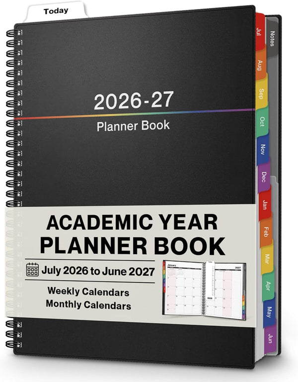Dunwell Large Planner 2025-2026 Academic Year, 8.5 X 11 Daily Planner July 2025 - June 2026, Black Calendar Book with Colorful Tabs, Bookmark,