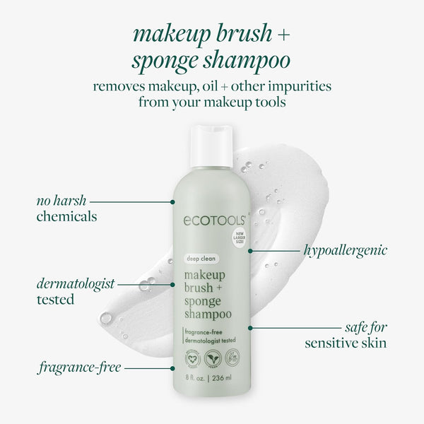 Ecotools Makeup Brush + Sponge Shampoo, Remove Makeup & Impurities from Tools, Sponges, & Puffs, Fragrance-Free Brush Cleanser, No Harsh